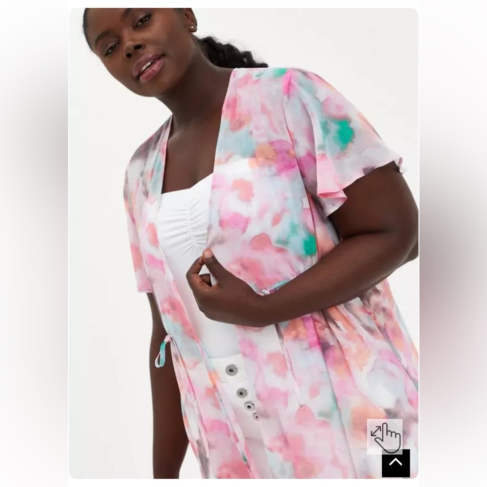 TORRID Watercolor Pink Tie-Dye Chiffon Tie Front Kimono - Size 2 NWT